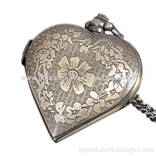 Heart-shaped Bronze Skeleton Carved Ladies' Stylish Necklace Pocket FOB Watch, Japan Movement
